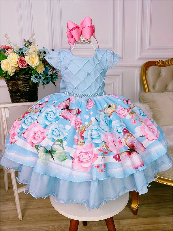 Vestido Jardim Encantado Azul Bebe Princesa - Fabuloso Ateliê