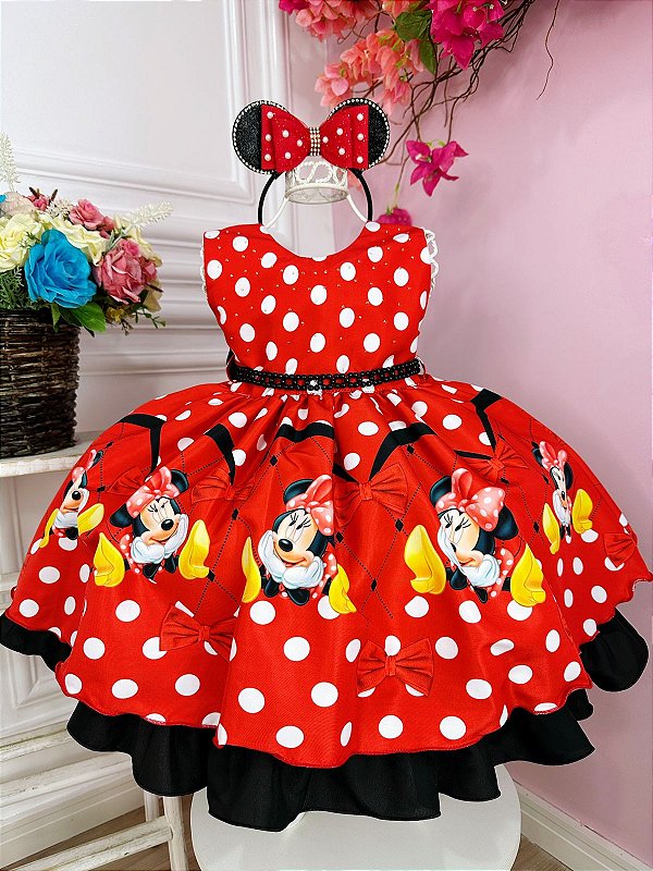 Vestido Infantil Vermelho Dourado Natal Festa Moranguinho Minnie