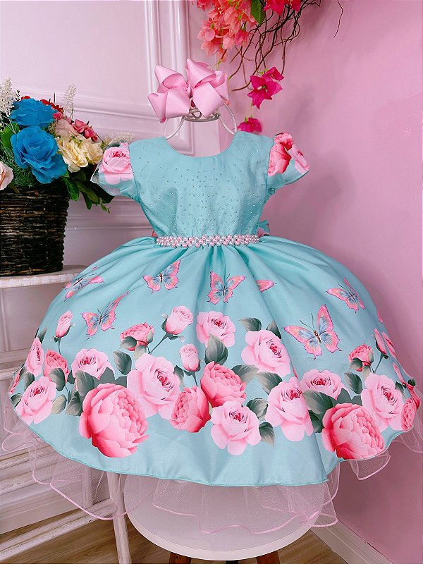 Vestido Infantil Princesa Cinderela Azul C/ Peito Strass