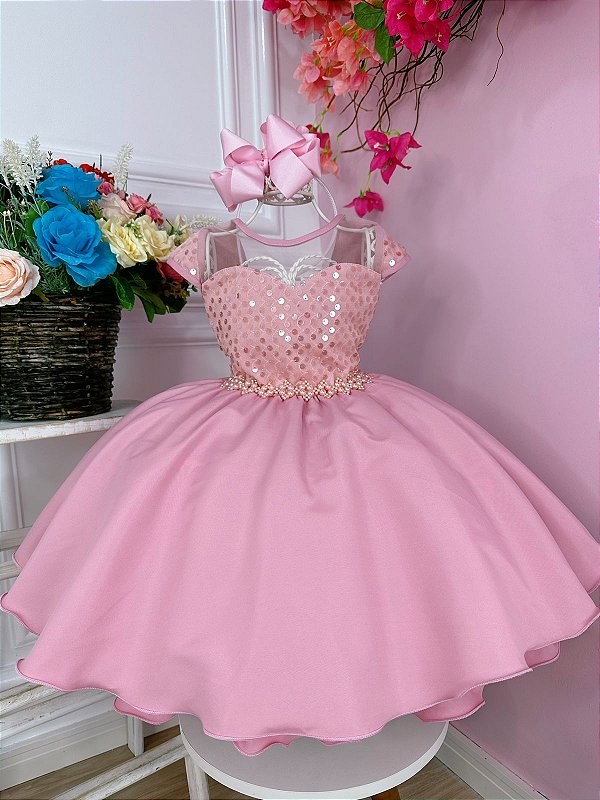 Vestido Infantil Rose Tule Paetê Damas e Cinto de Pérolas - Fabuloso Ateliê