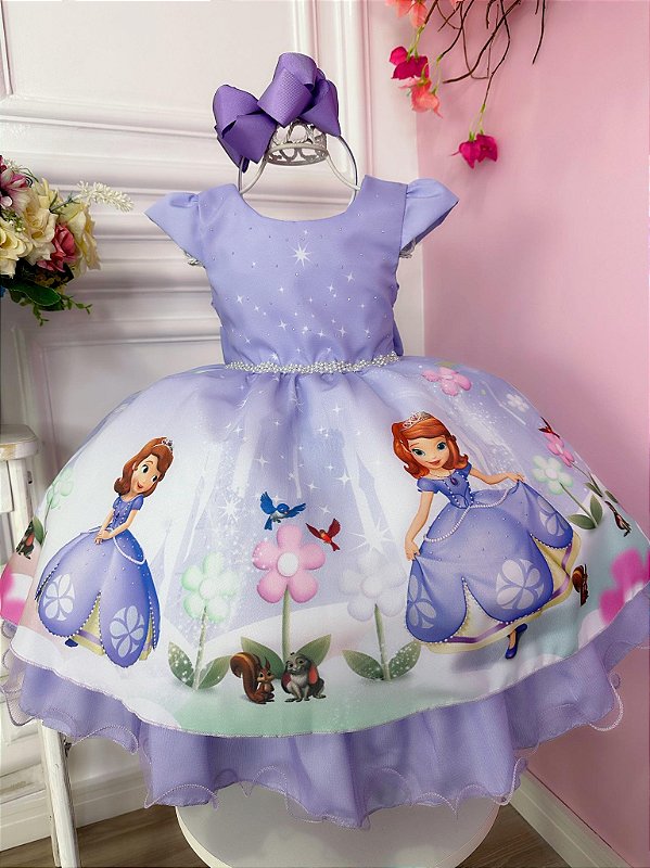 Vestido Infantil Princesa Sofia Com os Animais Lilás Strass - Fabuloso  Ateliê