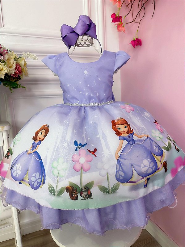 Vestido Infantil de Festa Lilás Luxo Princesa Sofia