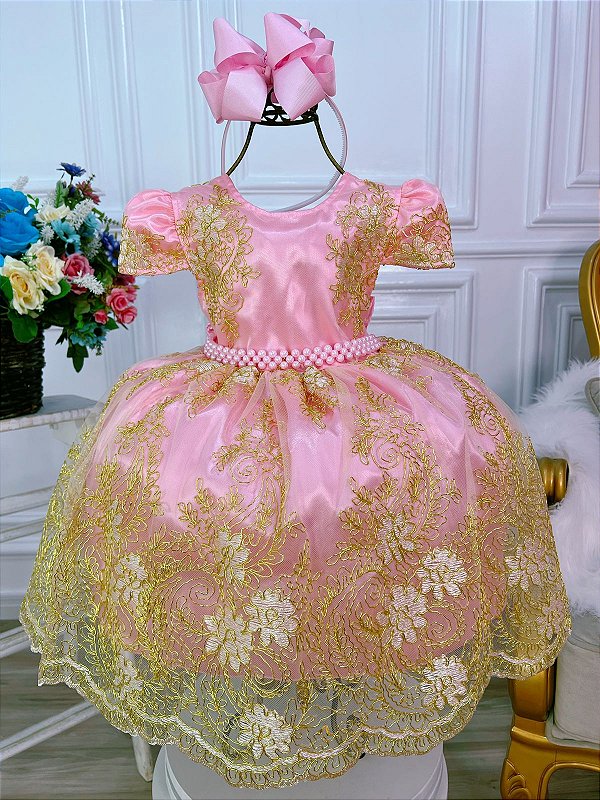 Vestido Infantil Vermelho Realeza Renda Princesa Luxo Festa - Rosa