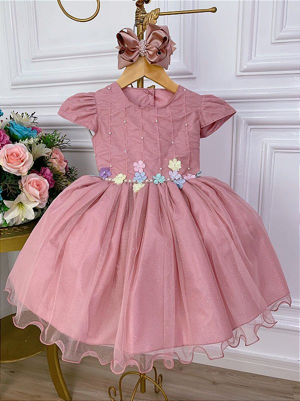 Vestido Infantil Rose Aplique de Flores Glitter Pérolas - Fabuloso Ateliê