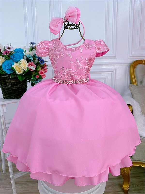 Vestido Infantil Princesas Rosa Cinto de Pérolas e Laço - Fabuloso Ateliê