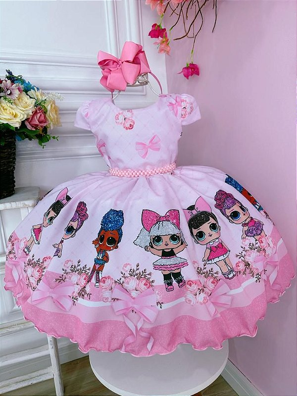 Vestido Infantil Princesas Rosa Cinto de Pérolas e Laço - Fabuloso Ateliê