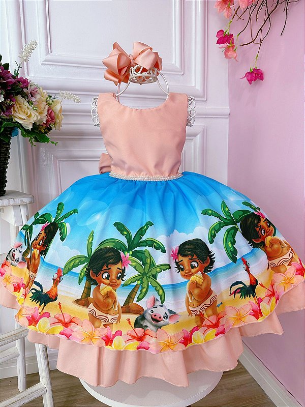 Vestido Fantasia Infantil Moana Luxo E Colar Promoção