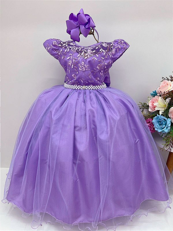 FANTASIA VESTIDO LILAS LONGO RENDA PRINCESINHA SOFIA LUXO