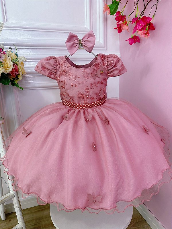 Vestido Infantil Vermelho Realeza Renda Luxo Festa Princesa - Rosa