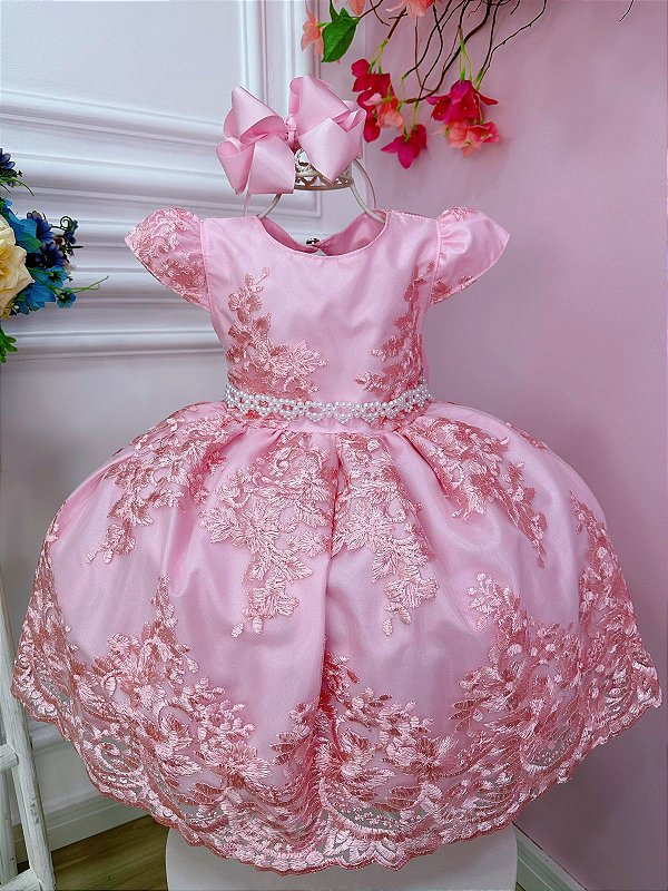 Vestido Infantil Princesas Rosa Cinto de Pérolas e Laço - Fabuloso Ateliê