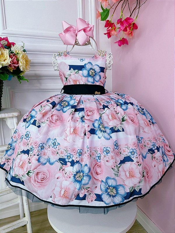 Vestido Infantil Floral Rosa e Azul Marinho P rolas Strass