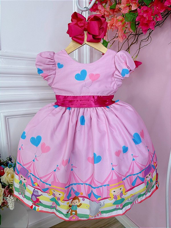 Vestido Infantil Rosa Circo Corações Laço Pink Super Luxo - Fabuloso Ateliê
