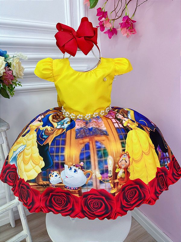 VESTIDO INFANTIL PRINCESA BELA E A FERA AMARELO C/ PÉROLAS