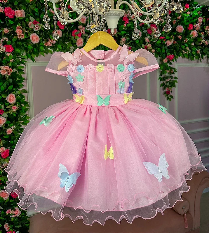 Vestido Infantil Barbie Rosa Aplique Laço - Fabuloso Ateliê