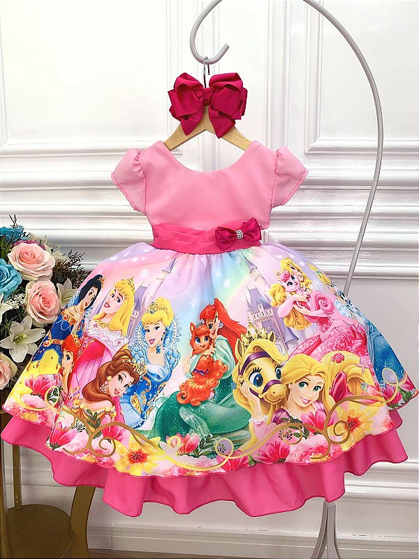 Vestido Infantil Princesa Rosa com Cinto Pérolas - Fabuloso Ateliê
