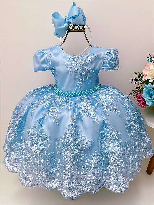 Vestido Infantil Azul C/ Renda Cinto Pérolas Strass Princesa