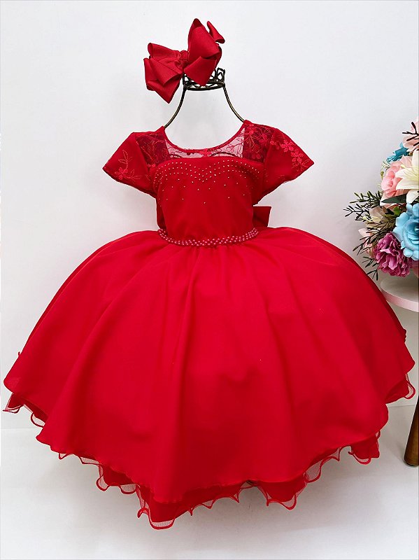 Vestido Infantil Vermelho Renda Realeza e Pérolas - Fabuloso Ateliê