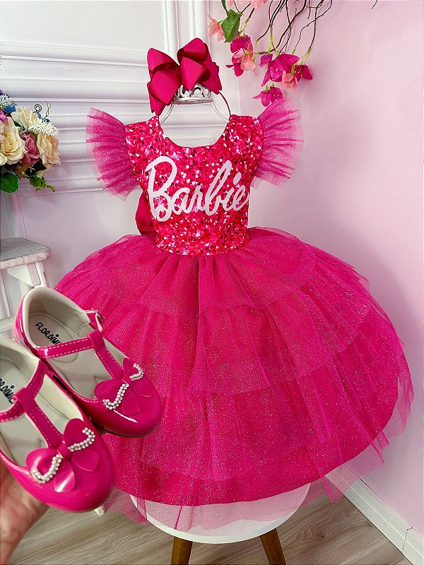 Vestido infantil Barbie Pink Babados Glitter Brilho luxo
