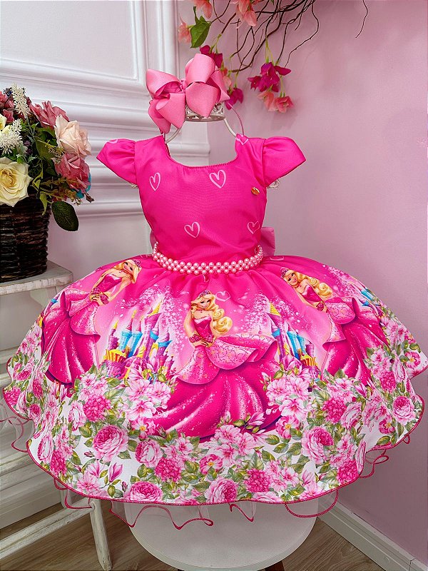 Vestido Infantil Barbie Princesa Rosa Chiclete com Cinto