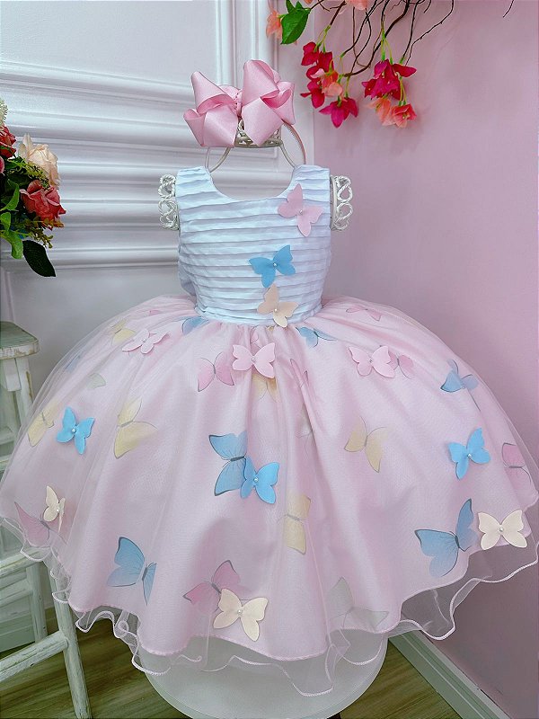 Vestido Infantil Branco Com Borboletas Rosas Pink - Trapézio