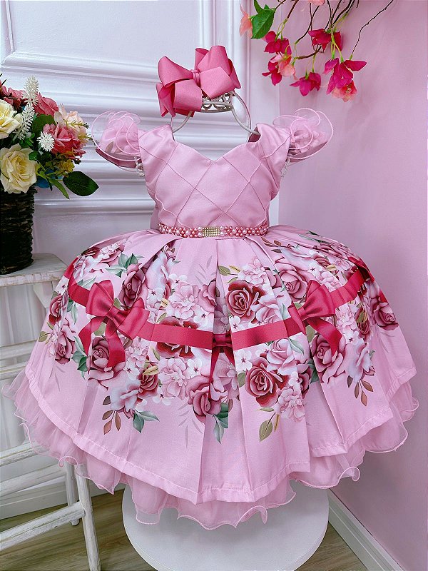 Vestido Infantil Rosa Florido Busto Nervura Cinto de P rolas