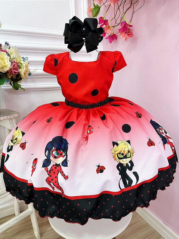 Vestido Infantil Vermelho Ladybug e o Gato Noir Luxo - Fabuloso Ateliê