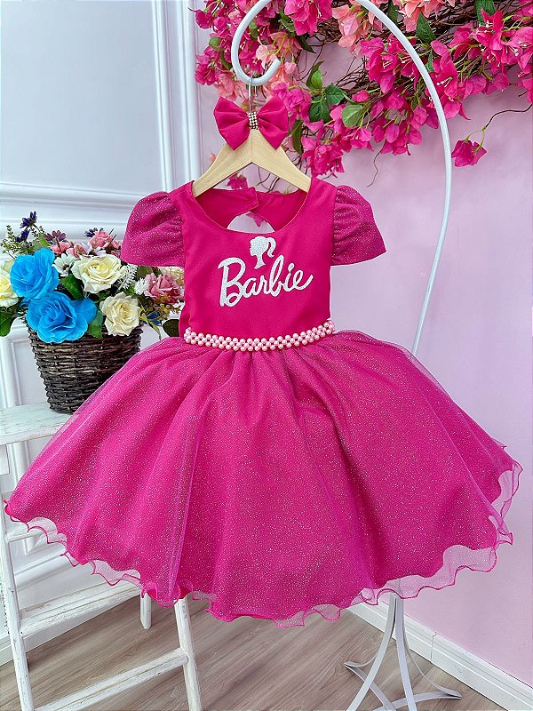 Vestido Barbie Girl Rosa Com Babado Menina Infantil