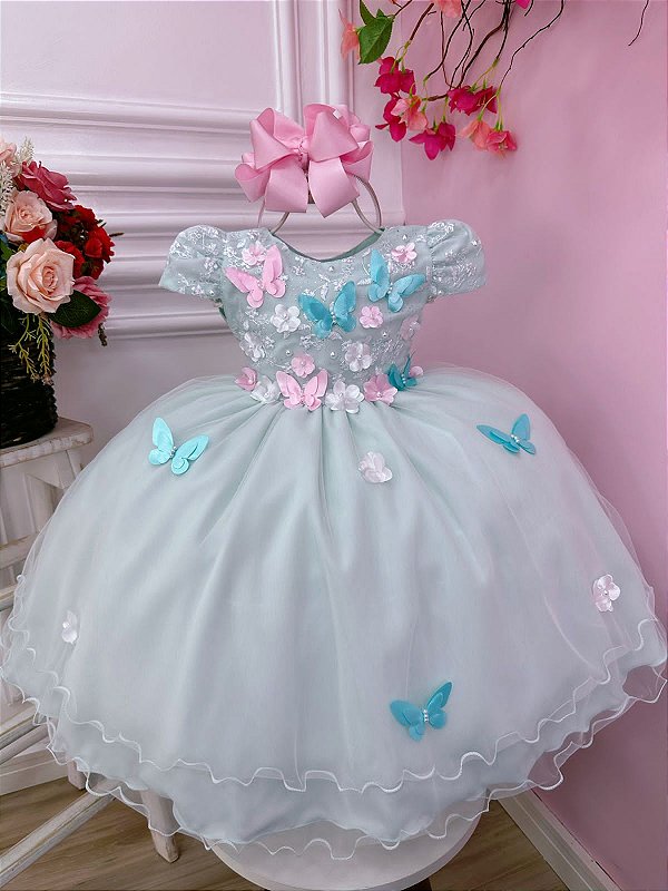 Vestido Infantil Rosa C/ Renda de Borboletas Dama Princesas