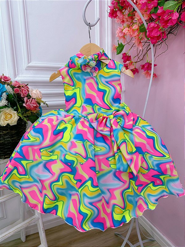 Vestido Infantil Barbie Colorido Neon Broche de Laço - Fabuloso Ateliê