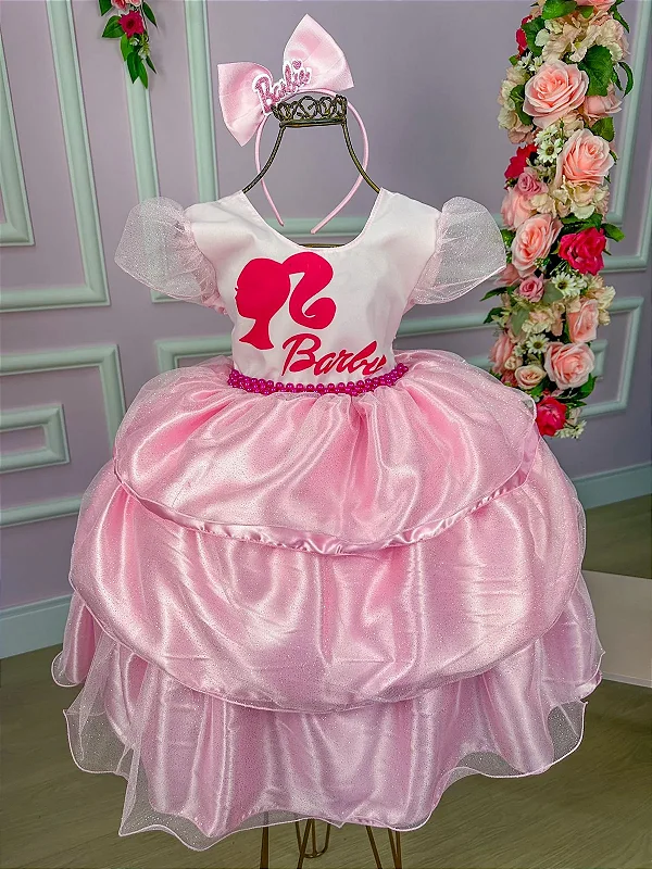 Barbie Roupas e Acessórios Vestido Rosa Babados Colar Sapatos