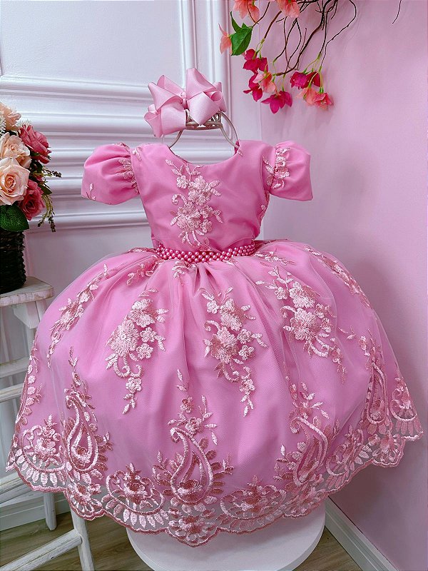 Vestido Infantil Vermelho Realeza Renda Princesa Luxo Festa - Rosa