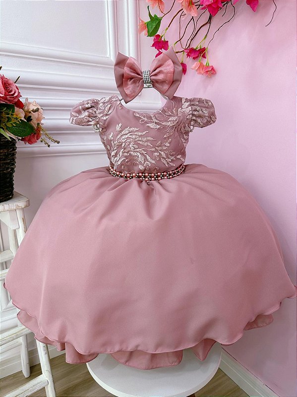 Vestido Infantil Princesas Rosa Cinto de Pérolas e Laço - Fabuloso Ateliê