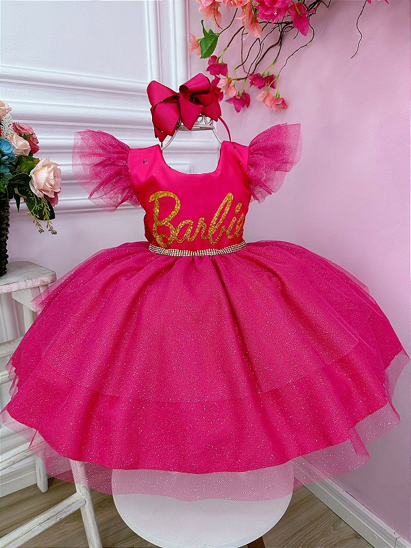 Vestido infantil Barbie Pink Babados Com Glitter Brilho - Fabuloso Ateliê