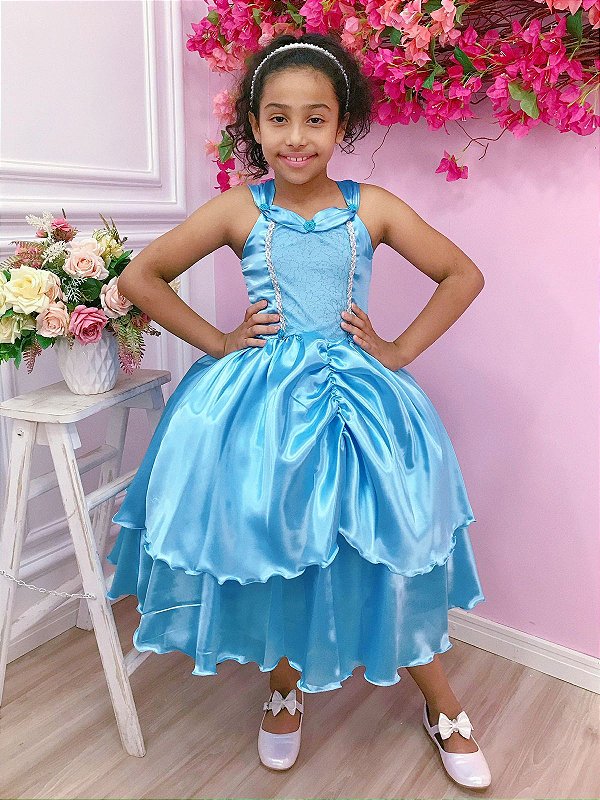 Vestido Infantil Cinderela Azul brilho com tiara - Fabuloso Ateliê