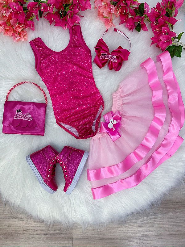 Fantasia Barbie Pink Body Saia Rosa Com Broche Luxo - Fabuloso Ateliê