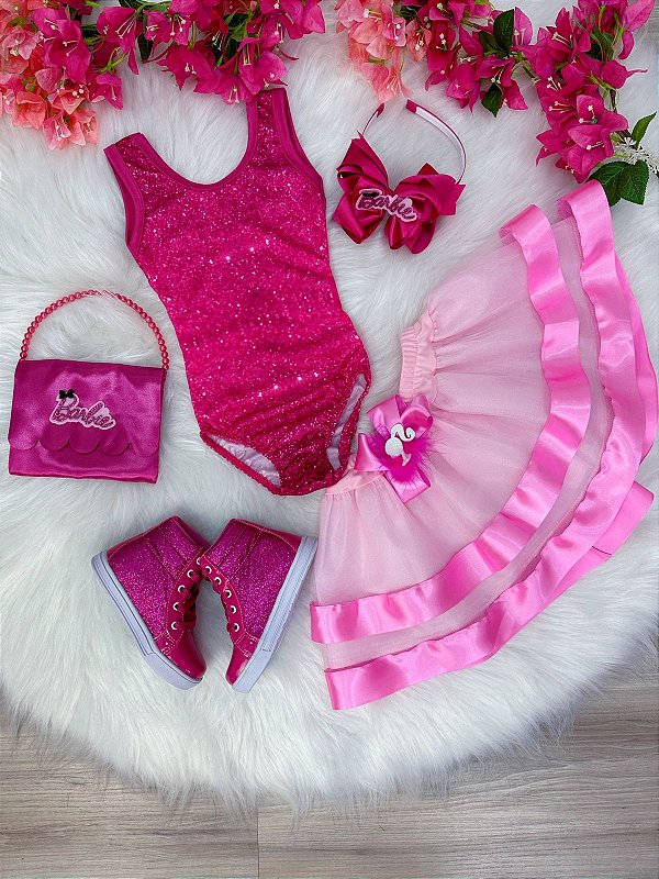 Body fantasia barbie luxo roupa infantil barbie menina rosa