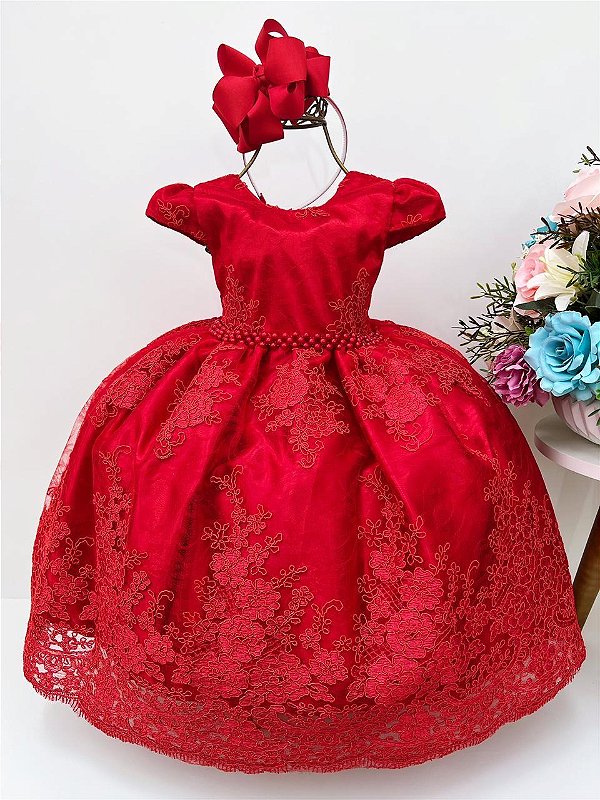 Vestido Infantil Vermelho Renda Realeza e Pérolas - Fabuloso Ateliê