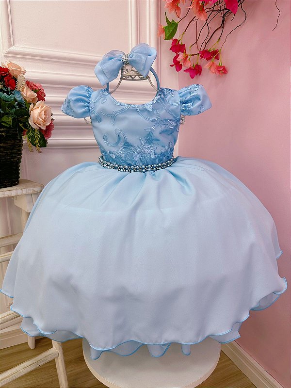 Vestido Infantil Cinderela Azul Renda e Pérolas - Fabuloso Ateliê