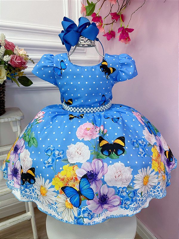 Vestido Infantil Azul Bolinhas Jardim das Borboletas Pérolas - Fabuloso  Ateliê