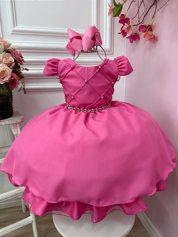 Vestido Infantil Barbie Princesa Rosa Chiclete com Cinto - Fabuloso Ateliê