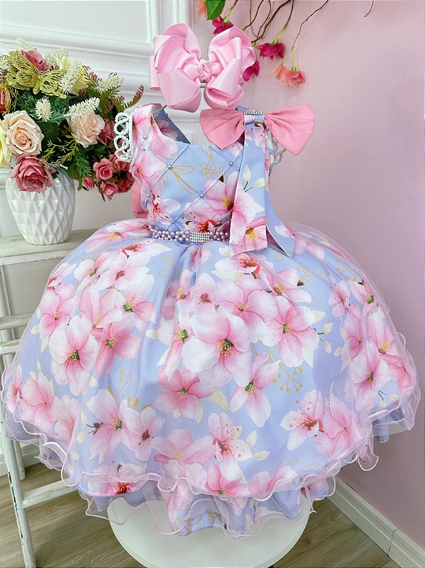 Vestido Infantil Lilás Florido Rosa e Cinto de Pérolas - Fabuloso Ateliê