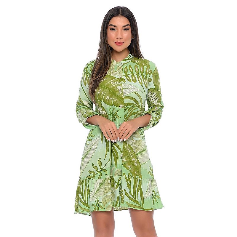 Vestido Chemise Com Botões M/L B’Bonnie Rebeca Estampa Verde