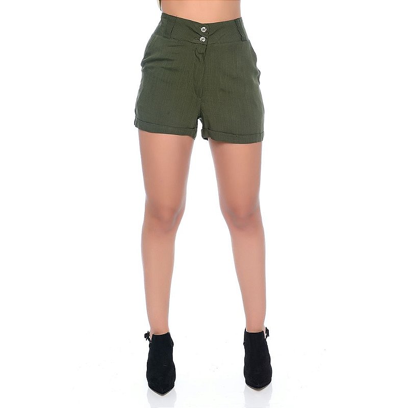 Shorts Feminino Cintura Alta Com Bolsos Barra Dobrada e Botões B’Bonnie Verde