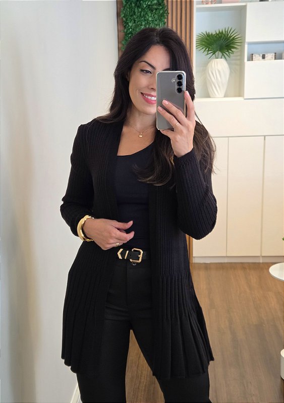トップス archive midas lace fabric long cardigan Maxi Cardigan Canelado Preto Feminino | Evasê - LeTissú Boutique