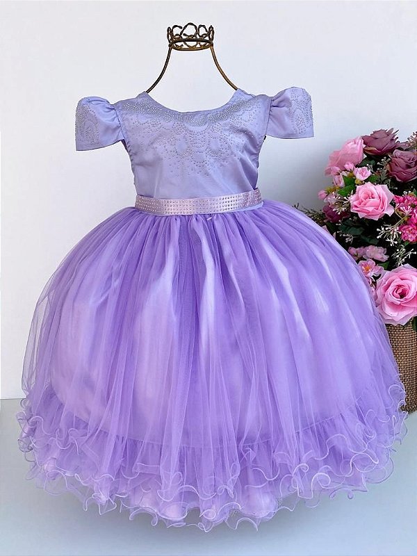 Vestido Infantil Princesa Sofia Lilás Aplique Pérolas Luxo