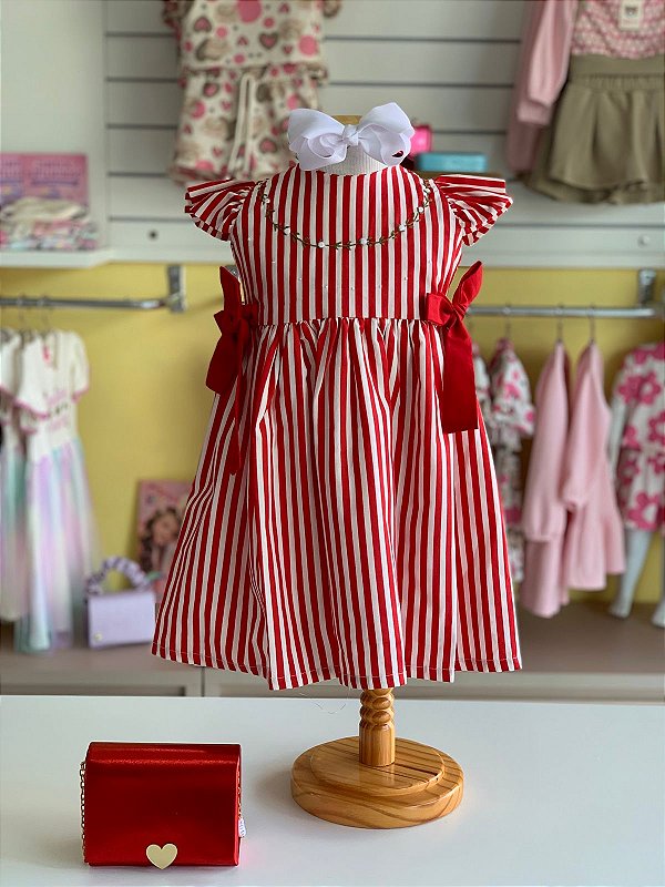 Vestido Infantil Artesanal Bordado a mão Vermelho Listras Ss