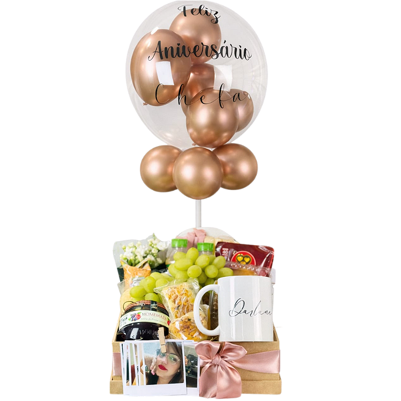 CESTA CAFÉ DA MANHÃ CANECA PERSONALIZADA E BALÃO PERSONALIZADO