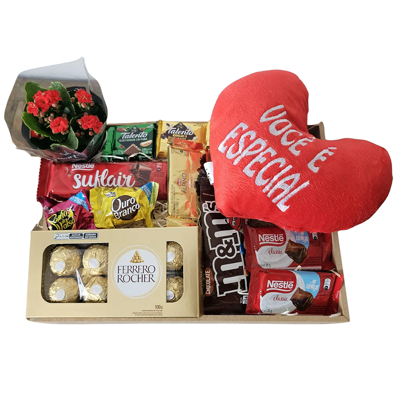 BANDEJA CHOCOLATES COM PELÚCIA E MINI FLOR
