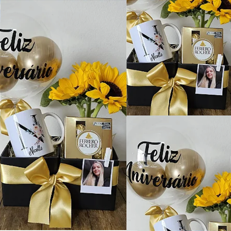 BOX COM FLORES, CANECA PERSONALIZADA E CHOCOLATE
