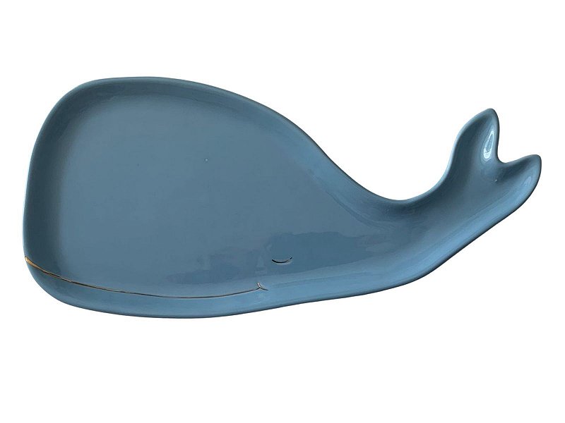 Petisqueira de cerâmica formato baleia azul clara de 36 cm